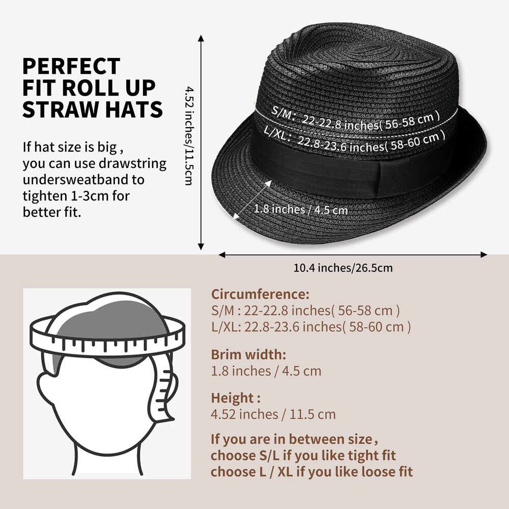 5254 Straw Fedora Hat Packable Short Brim Roll Up Trilby Hat Adjustable - Picture 3 of 5